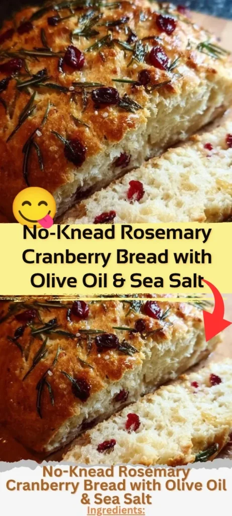 No-knead rosemary cranberry bread with olive oil and sea salt on a wooden table.