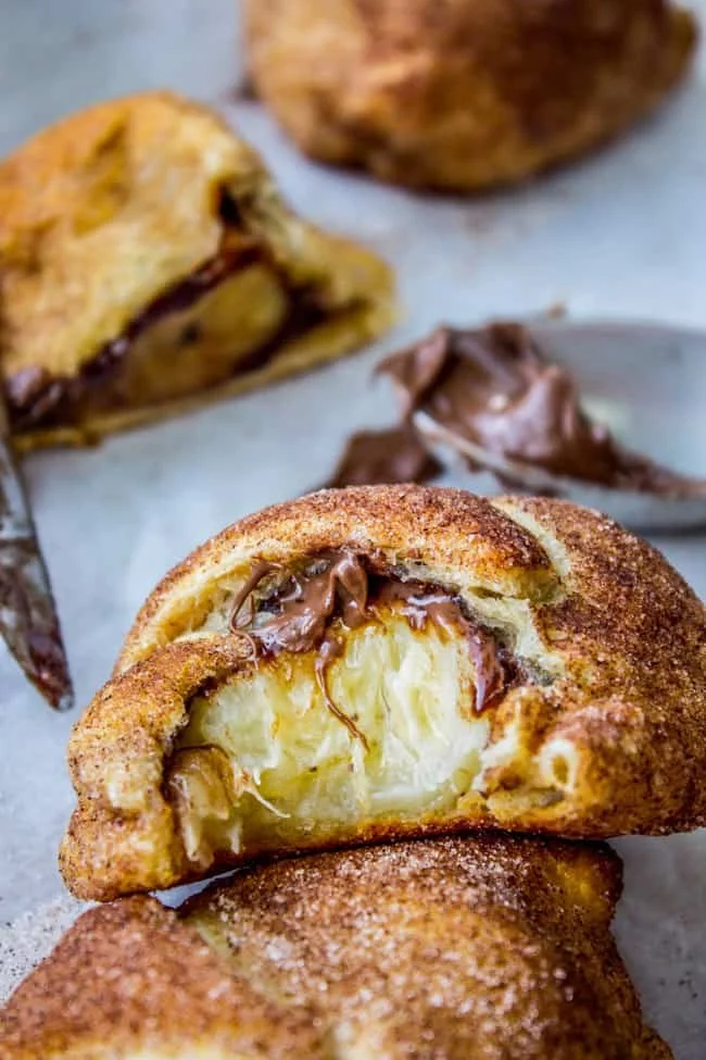 Nutella banana rolls made with crescent dough, filled with Nutella and banana slices.