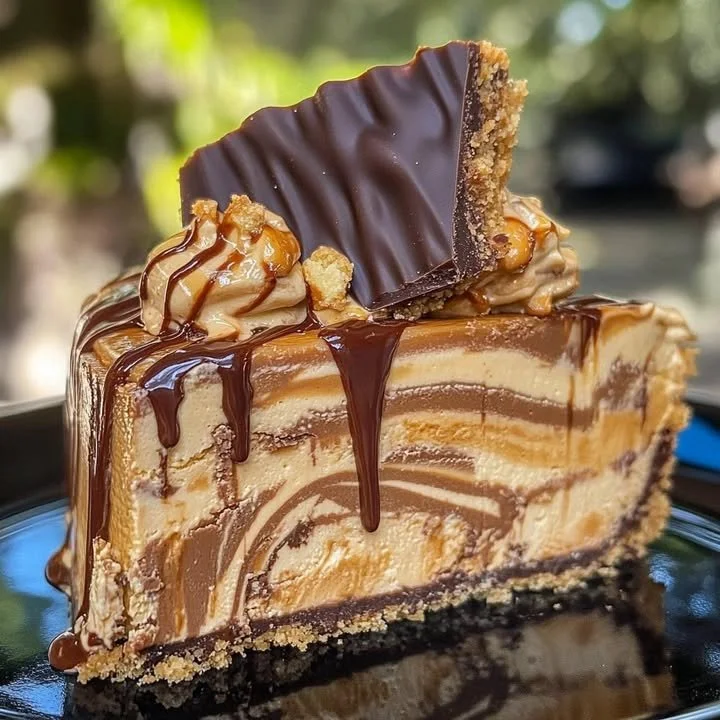 Nutty peanut butter cheesecake with a chocolate swirl decoration