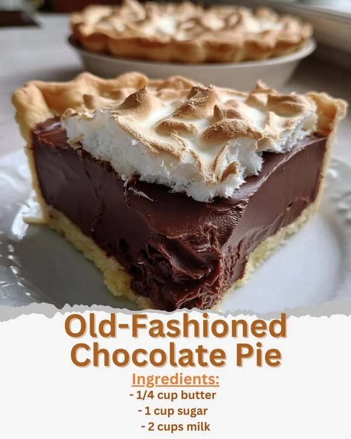 Slice of old-fashioned chocolate pie with whipped cream on top