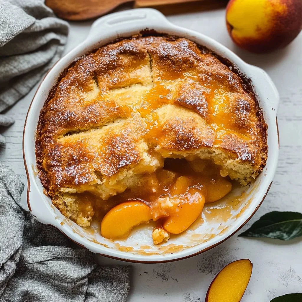 Delicious old-fashioned fresh peach cobbler served in a cast iron skillet.