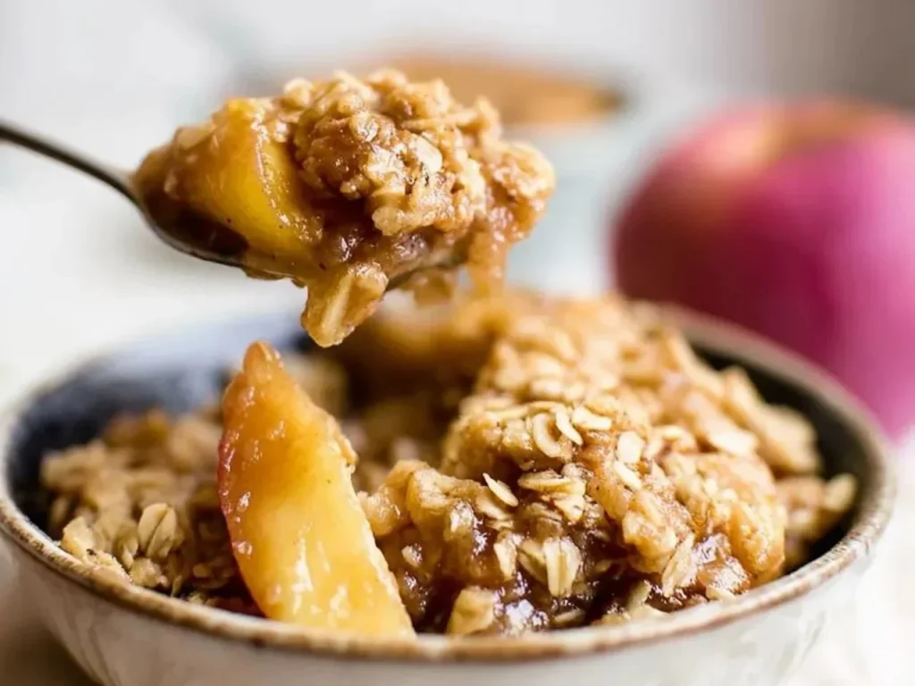 Delicious old-fashioned peach crisp dessert topped with crunchy oats and brown sugar
