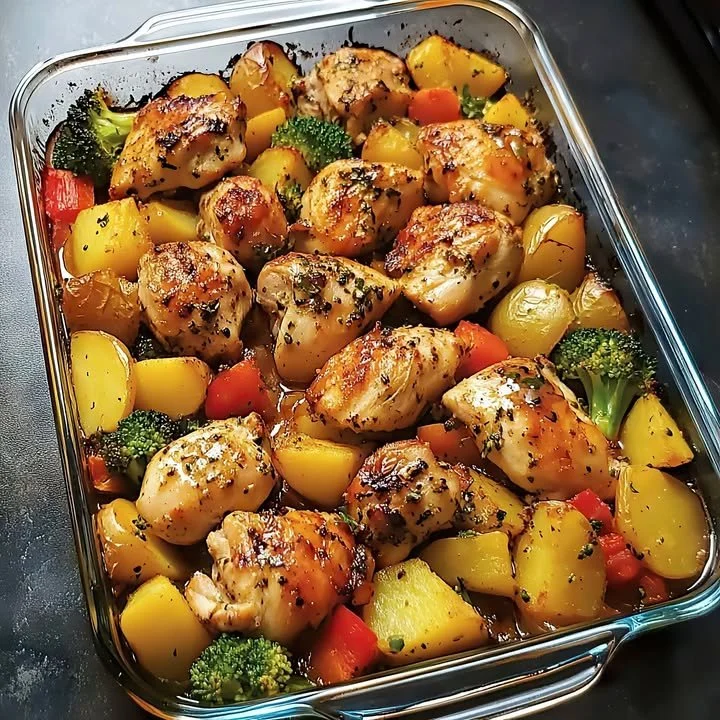 One-Pan Roasted Chicken with colorful vegetables ready to serve