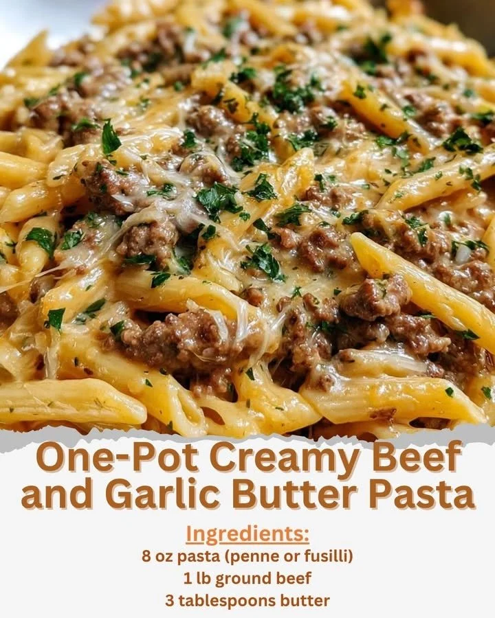 Delicious one-pot creamy beef and garlic butter pasta served in a bowl