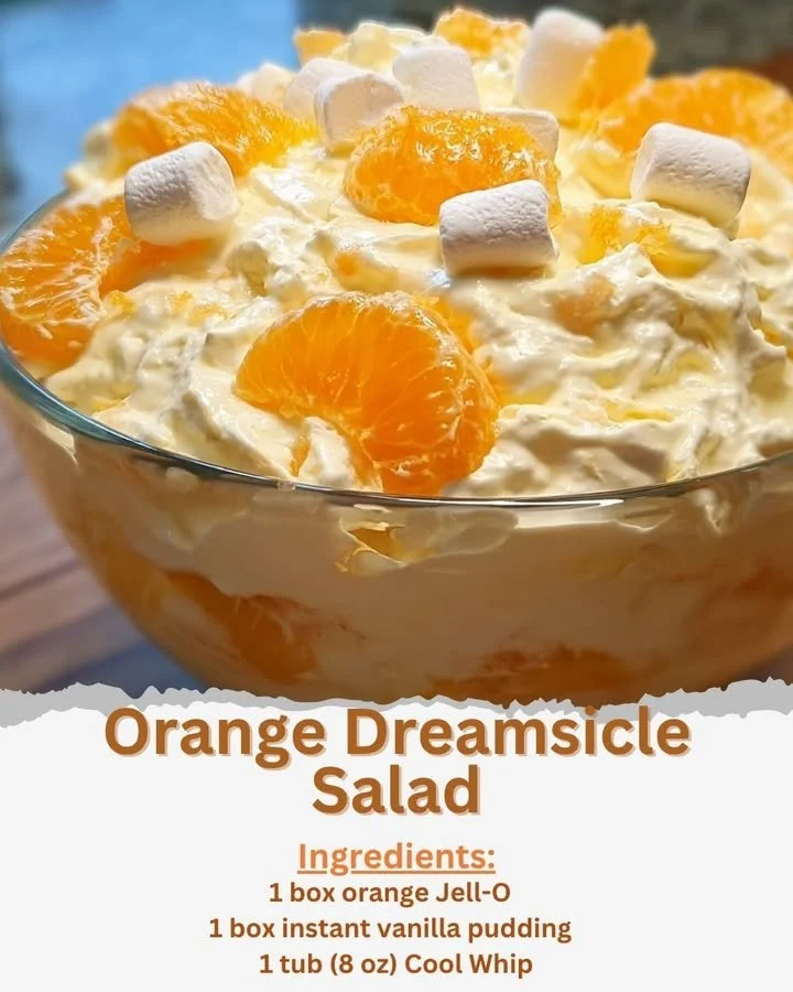 A vibrant bowl of Orange Dreamsicle Salad featuring orange slices and creamy dressing