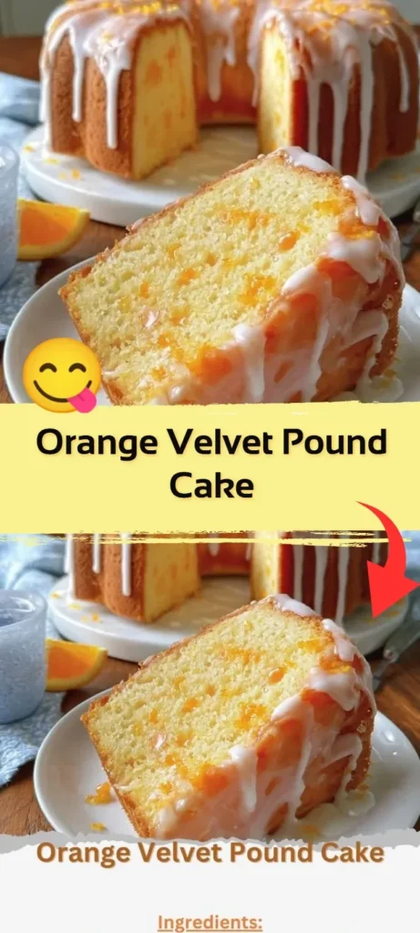Sliced Orange Velvet Pound Cake on a decorative plate with orange zest.