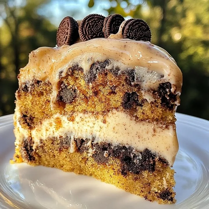 Oreo Honeybun Cake with a creamy cheesecake filling topped with crushed Oreos
