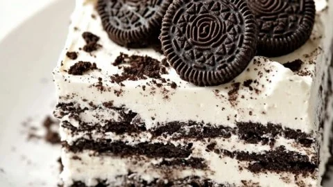 Delicious Oreo Icebox Cake with layers of cream and Oreo cookies