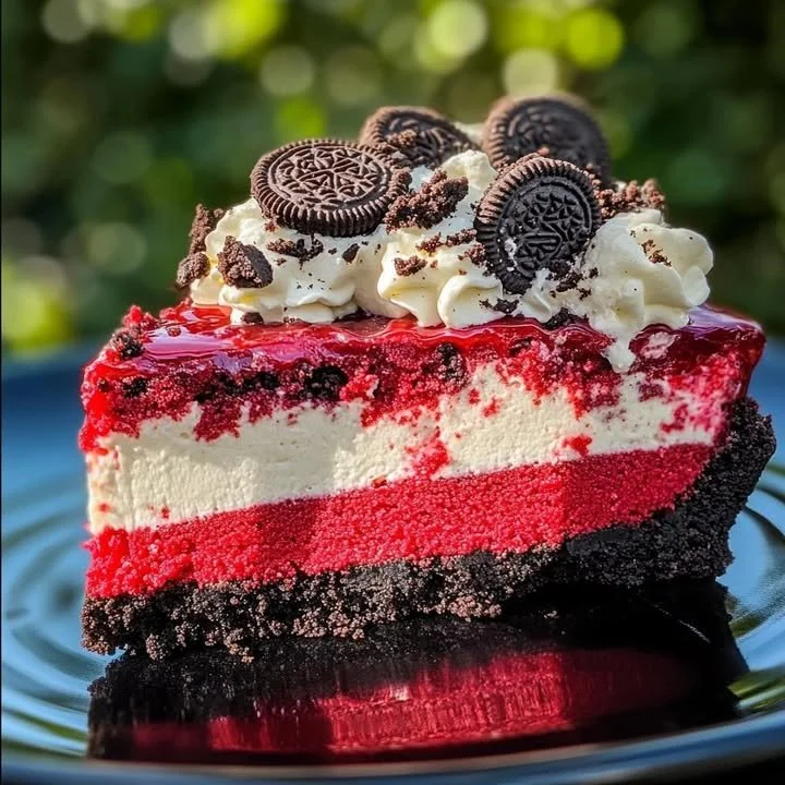 Oreo Red Velvet Cheesecake topped with chocolate crumbs and cream cheese frosting