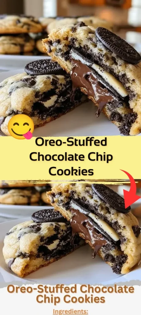 Oreo-Stuffed Chocolate Chip Cookies on a plate topped with chocolate drizzle.