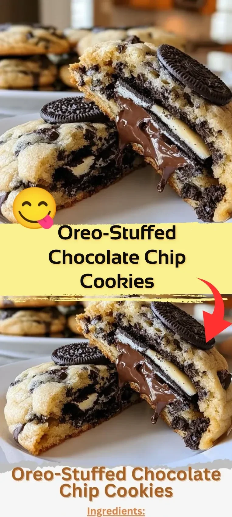 Oreo-Stuffed Chocolate Chip Cookies on a plate topped with chocolate drizzle.