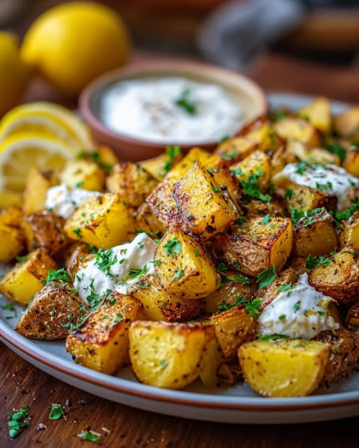 Plate of oven-roasted Yukon Gold potatoes with lemon and whipped feta garnish.