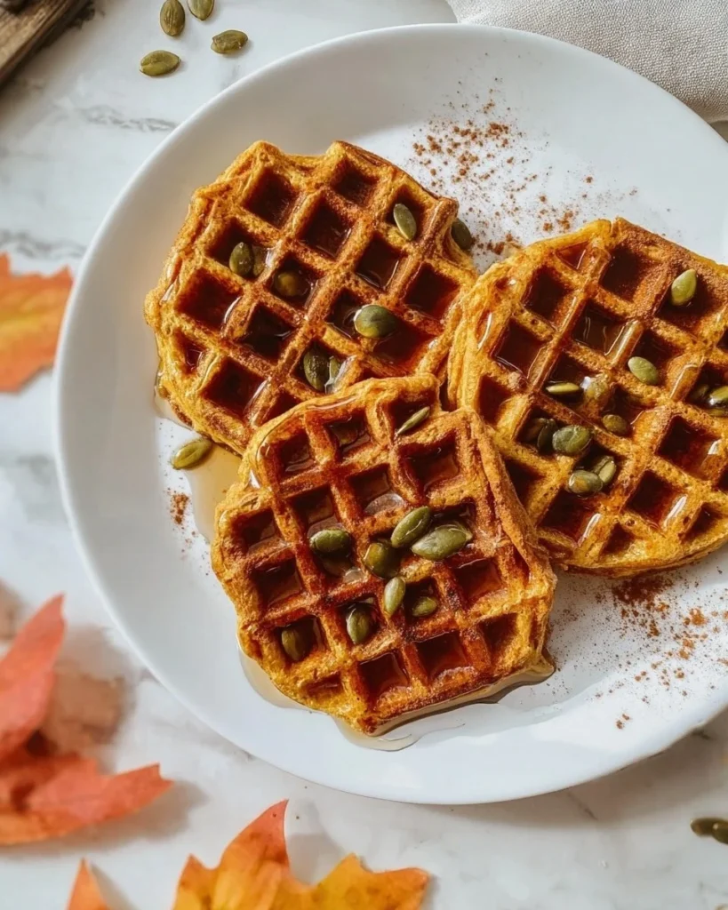 Delicious Paleo Pumpkin Waffles served with maple syrup and pumpkin seeds