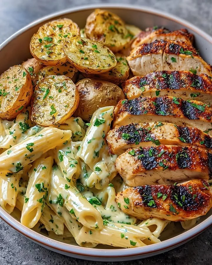 Delicious pan-seared chicken with creamy penne and roasted potatoes on a plate.