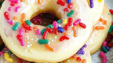 Delicious homemade pancake mix donuts topped with colorful sprinkles