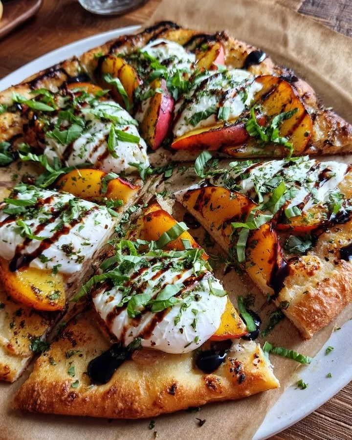 Delicious Peach Flatbread with burrata and balsamic glaze garnished with basil