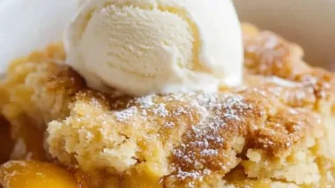Delicious homemade Peach Cobbler served in a baking dish