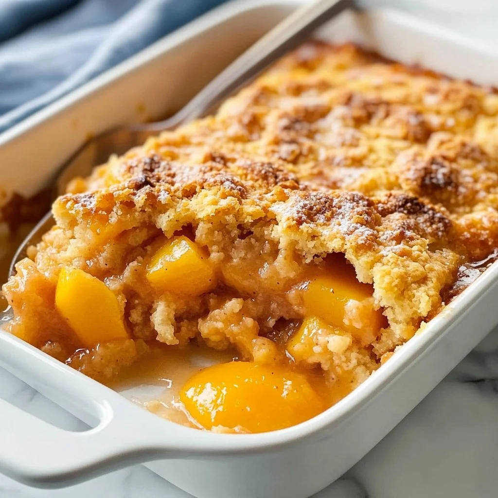 Delicious homemade Peach Cobbler served in a rustic dish