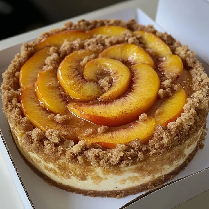 Delicious Peach Cobbler Cheesecake topped with peaches and crust.