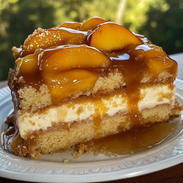 Delicious peach cobbler cheesecake cake with fresh peaches and a buttery crust.