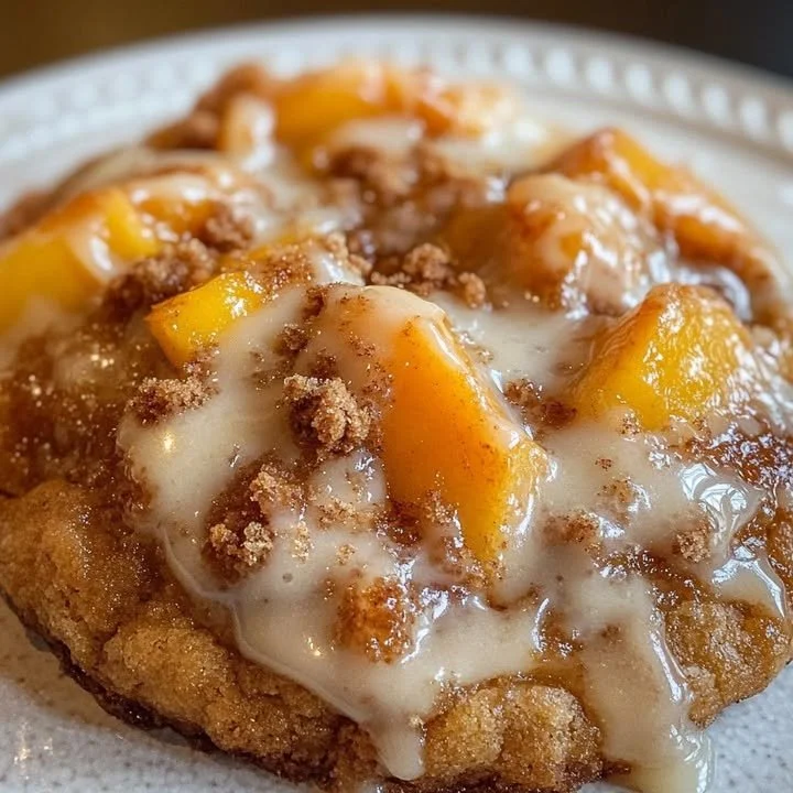 Delicious peach cobbler cookies drizzled with vanilla glaze on a wooden table.