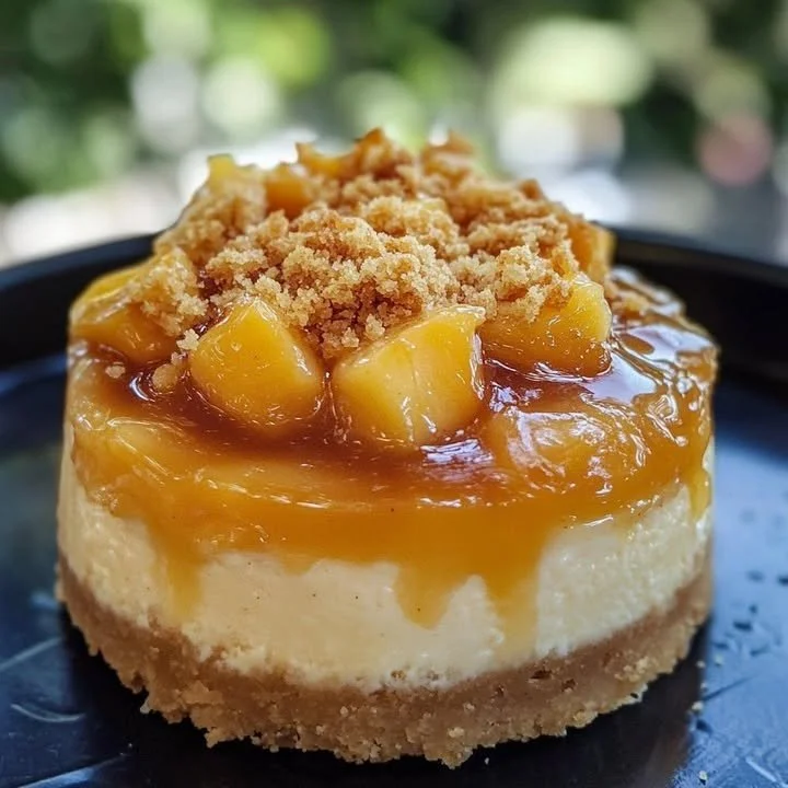 Peach cobbler mini cheesecakes topped with fresh peaches and crumbly crust.