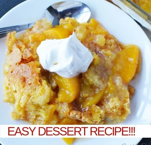 Delicious Peach Cobbler made with cake mix, a quick and easy dessert.