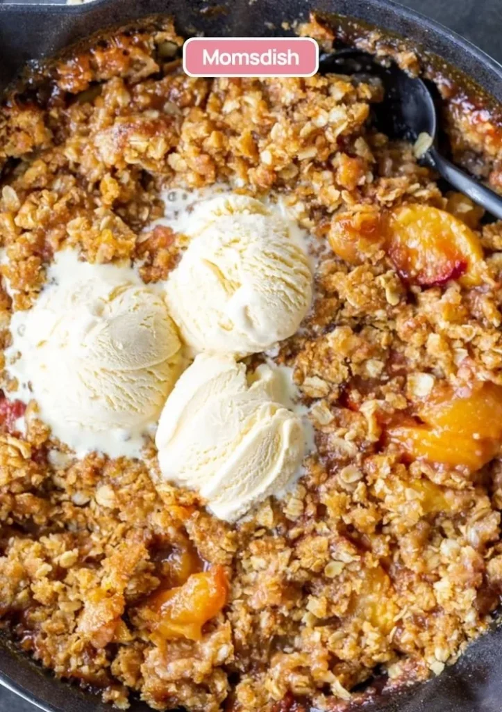 Delicious homemade Peach Crisp with juicy peaches and a crumbly topping