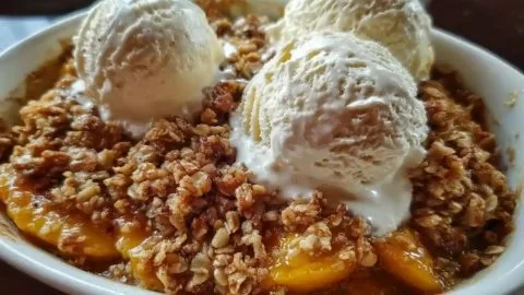 Delicious homemade Peach Crisp served in a bowl with fresh peaches