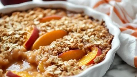 Homemade Peach Crisp with golden topping and fresh peach slices