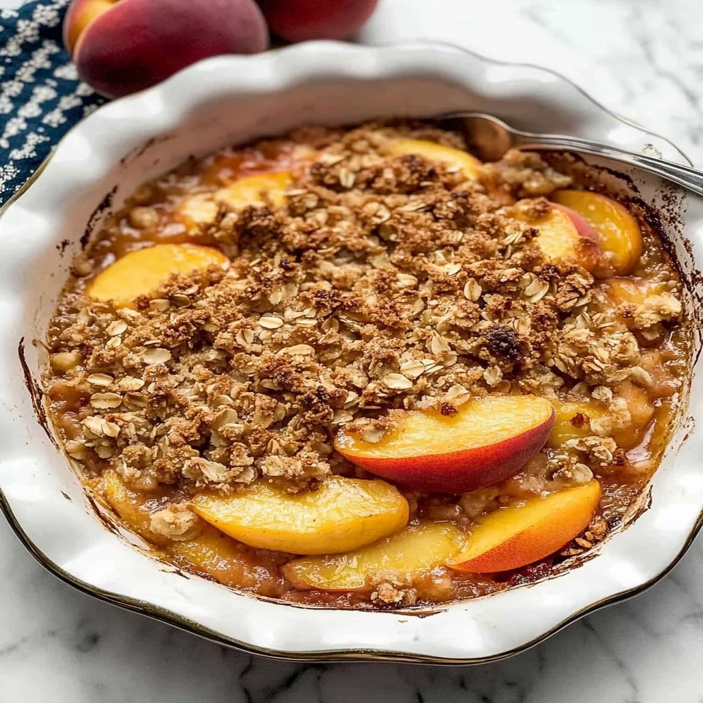 Freshly baked peach crisp dessert with golden topping and juicy peach filling