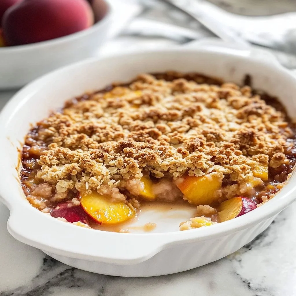 Delicious Peach Crisp made with fresh peaches, served in a rustic dish