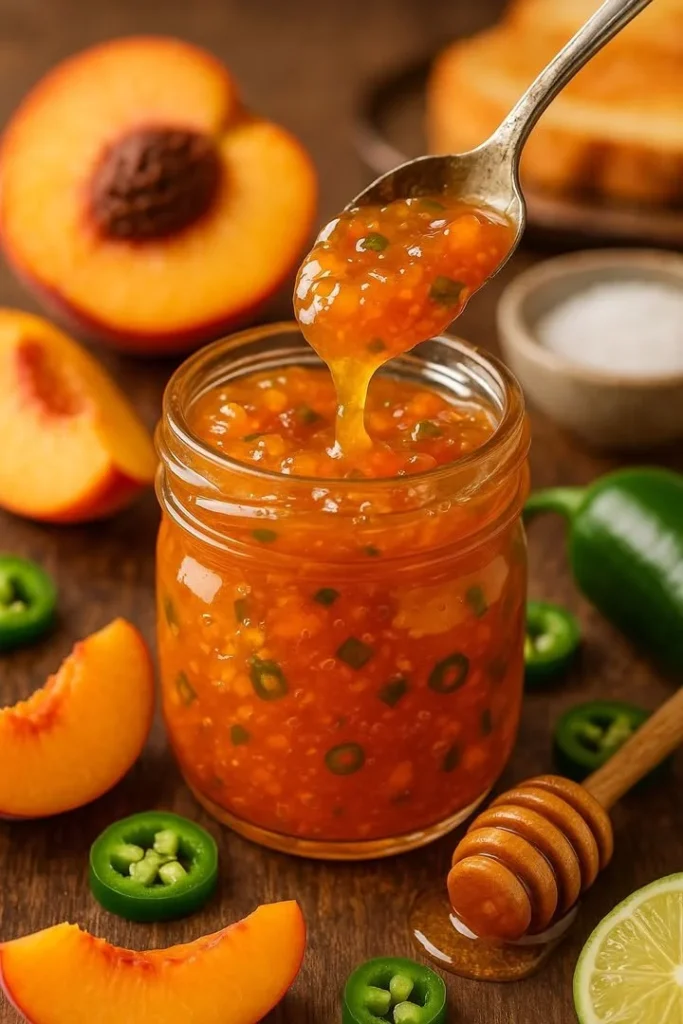 Jar of homemade Peach Jalapeño Jam with fresh peaches and jalapeños
