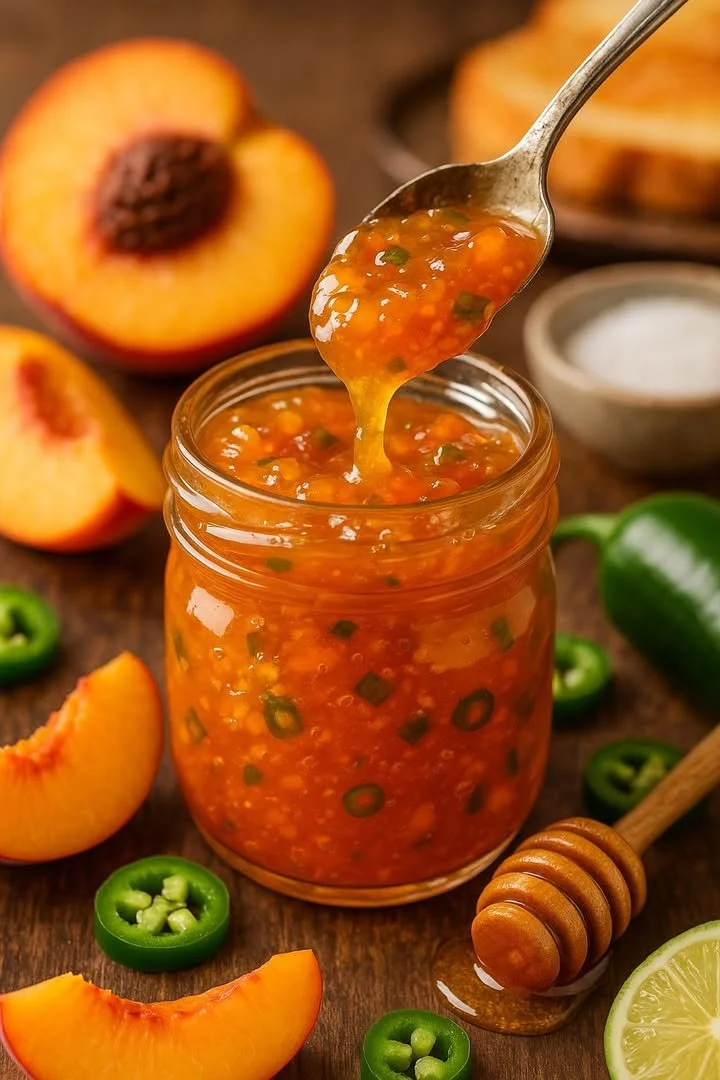 Jar of homemade Peach Jalapeño Jam with fresh peaches and jalapeños