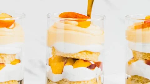 Delicious Peach Mousse Trifle layered with fluffy mousse and cake