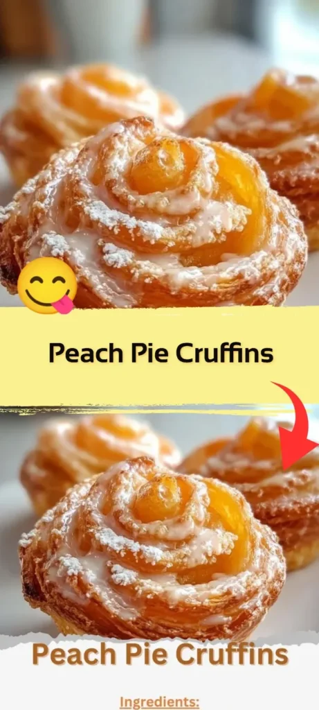 Peach Pie Cruffins topped with peach filling and glaze on a white plate