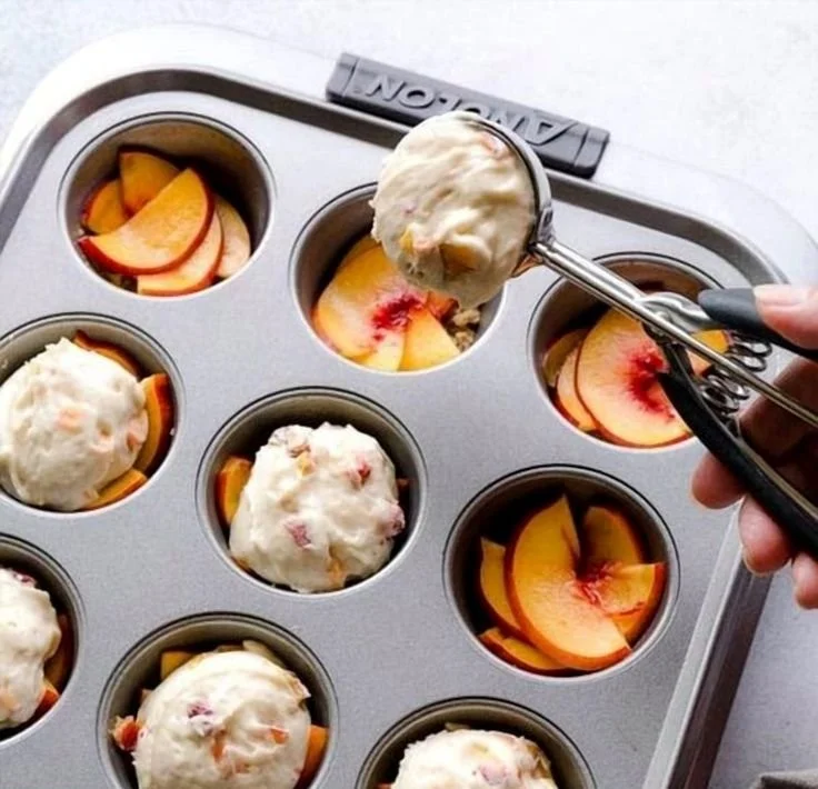 Peach Upside-Down Mini Cakes topped with fresh peach slices