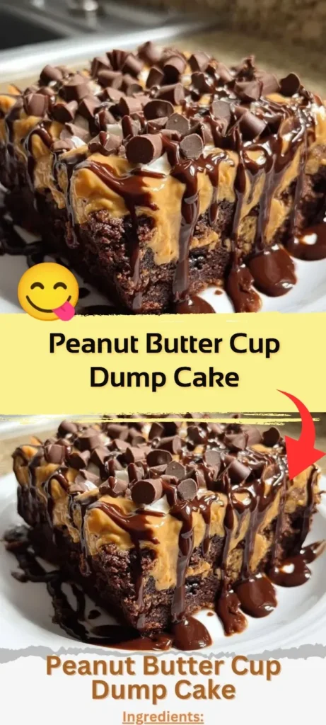Delicious Peanut Butter Cup Dump Cake topped with chocolate and peanut butter