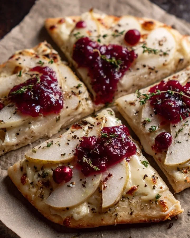 Pear, brie and cranberry flatbread topped with fresh thyme