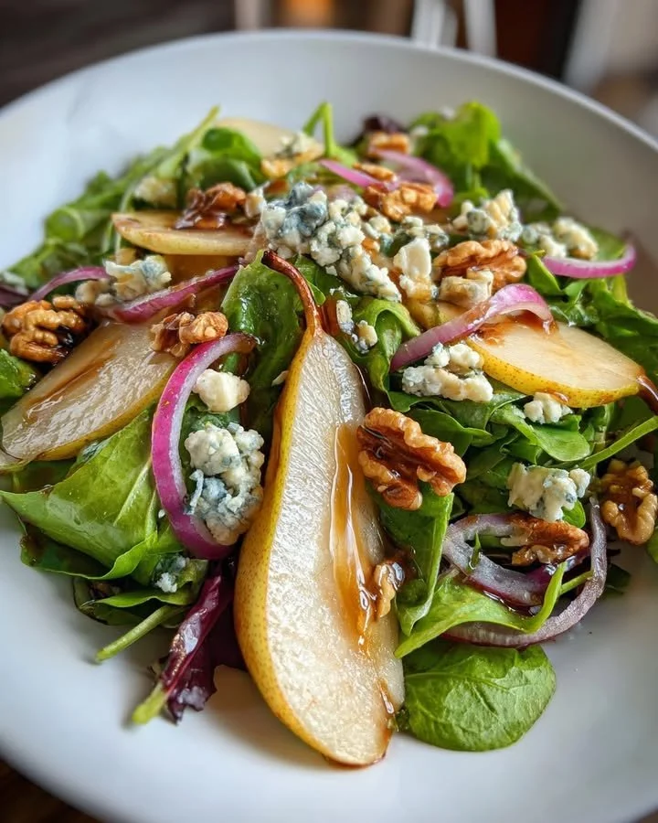Pear Walnut Salad with Blue Cheese and Maple-Balsamic Dressing