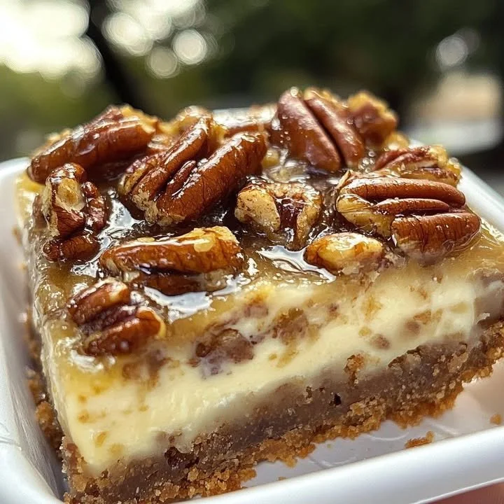 Delicious pecan pie cheesecake bars topped with pecans and caramel drizzle.