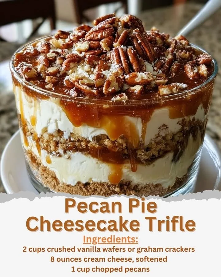 Delicious Pecan Pie Cheesecake Trifle with layers of pecan filling and cheesecake