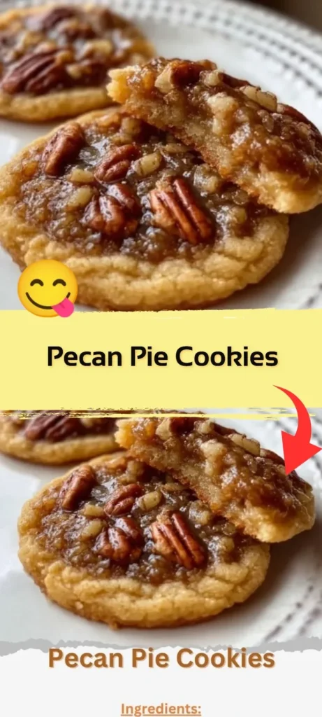 Delicious pecan pie cookies topped with pecans and caramel on a baking sheet.