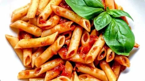 Penne Pasta served with Marinara sauce on a plate