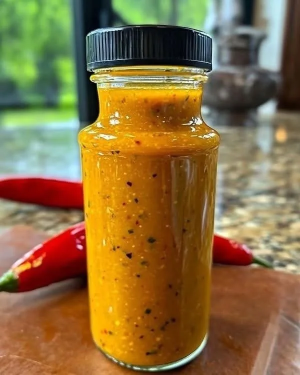 Bottle of Pineapple Habanero Hot Sauce on a wooden table