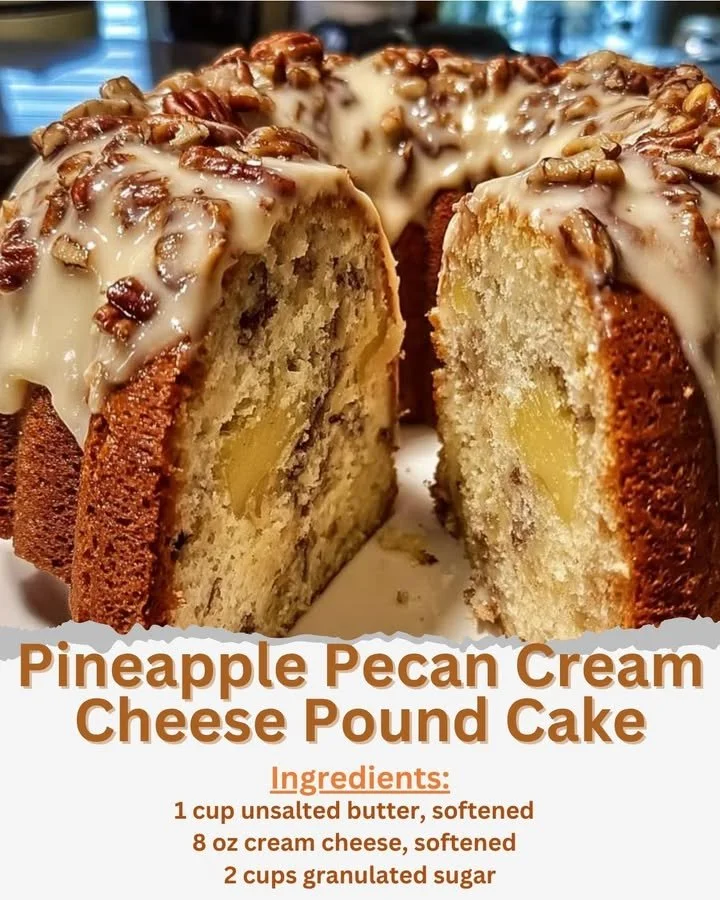 Pineapple Pecan Cream Cheese Pound Cake slice on a plate