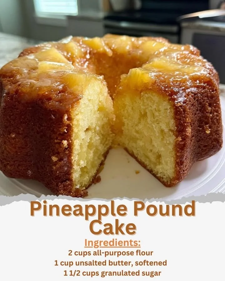 Slice of moist pineapple pound cake on a floral plate