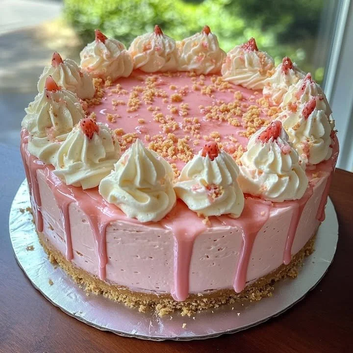 Pink Strawberry Crunch Cheesecake with vibrant strawberry toppings and crunchy crust.