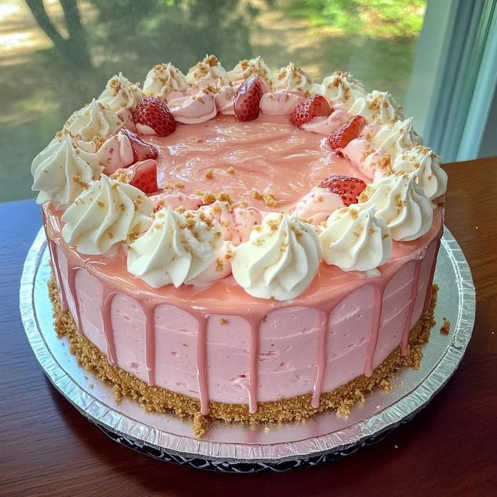 Pink Strawberry Crunch Cheesecake topped with fresh strawberries and crunchy bits.