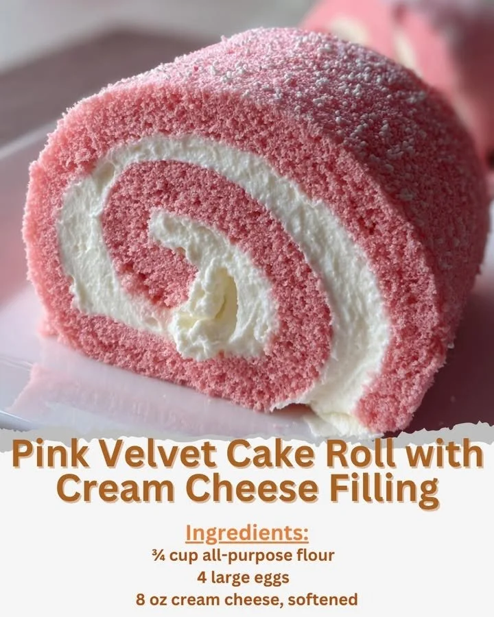 Pink velvet cake roll with cream cheese filling on a white plate